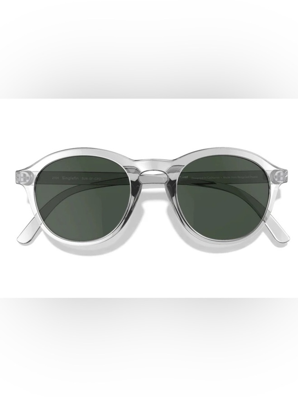 Clear Frame Round Sunglasses with Sunski  Fair harbor brand  Dark Green Lenses